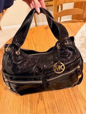 Michael Kors Black Patent Shoulder Bag with Gold MK Charm